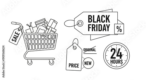 Black Friday Shopping Cart Sale Icons: Discount, Price Tag, 24 Hours, New Product