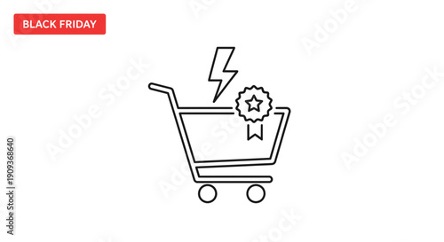 Black Friday Shopping Cart Icon with Lightning Bolt and Award Badge