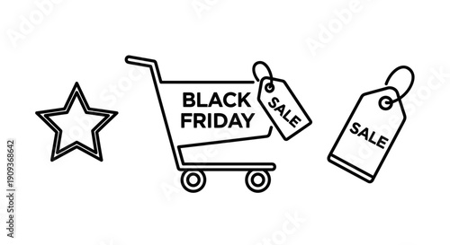 Black Friday Shopping Cart with Sale Tags and Star Icon - Black and White Line Art