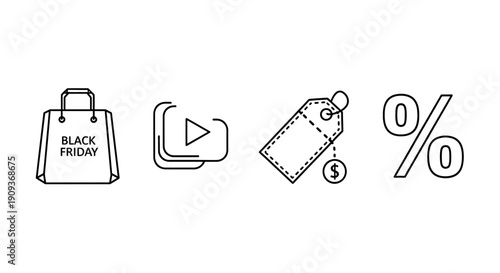 Black Friday Shopping Icons: Bag, Video, Tag, Percentage Sign