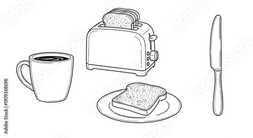 Breakfast Scene: Toaster with Bread, Coffee Cup, and Knife on Plate