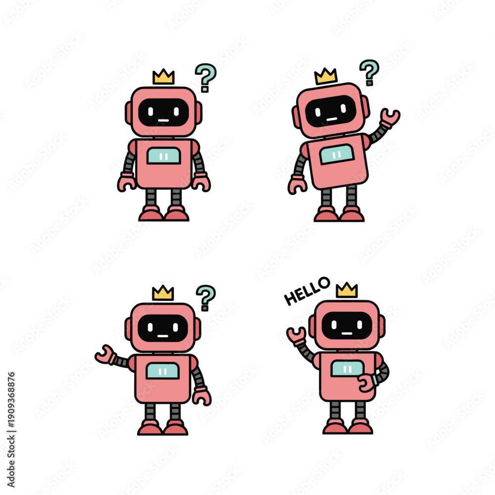 Fototapeta premium Cute cartoon robots greeting and waving with question marks in various poses
