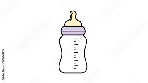 Essential baby care item is depicted as a simple plastic nursing bottle with a purple ring and black measurement scale marks.
