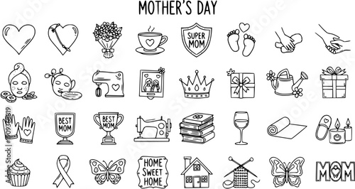 Mother's Day Celebration Hand-Drawn Line Art Icons Set. Outline Doodle Collection for Mom's Gifts, Activities  Symbols.