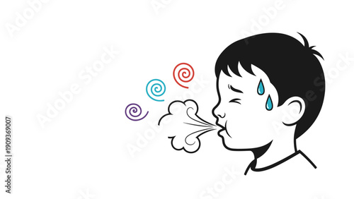 Sick young boy looks unwell while sweating and exhaling breath shown with colorful spiral symbols on a white background.