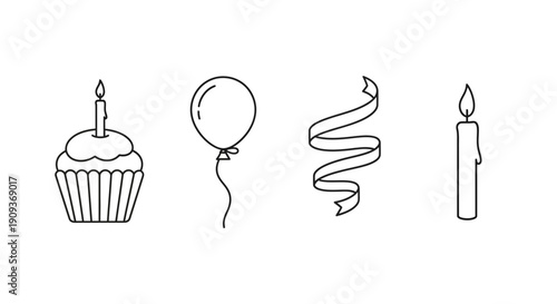 Birthday Party Icons: Cupcake, Balloon, Ribbon, Candle - Simple Line Art Celebration Elements