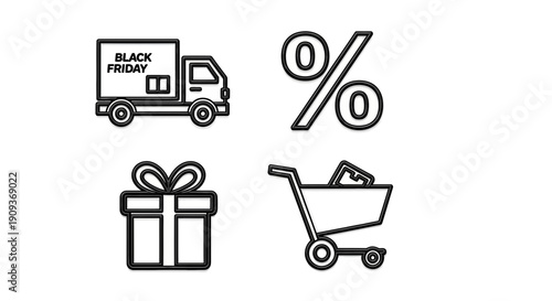 Black Friday Icons: Delivery Truck, Discount Percentage, Gift Box, Shopping Cart
