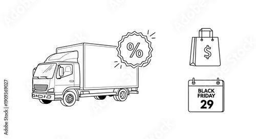 Black Friday Delivery Truck with Shopping Bag and Discount Icon