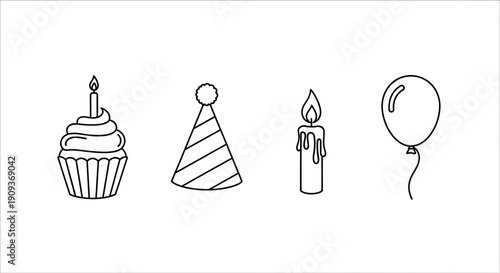 Birthday Party Icons: Cupcake, Party Hat, Candle, Balloon - Simple Line Art