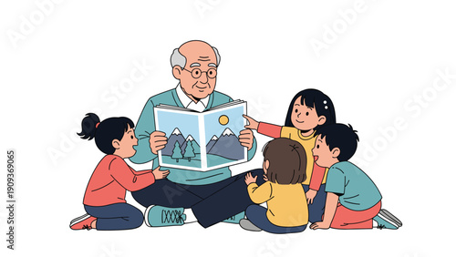 Kind grandfather sits on the floor and reads a colorful picture book to a group of four curious and happy young children.