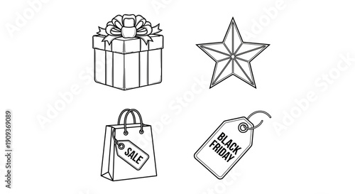 Black Friday Sale Gift Box Star Shopping Bag Tag Icons Set
