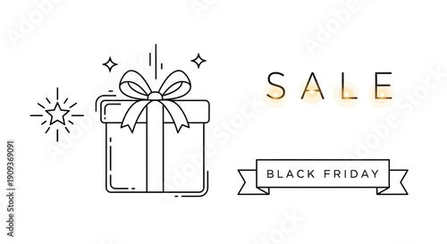 Black Friday Sale Gift Box Icon with Sparkles and Ribbon Banner