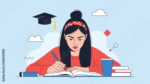 Diligent young student focuses on her schoolwork at a desk with books while a graduation cap floats in the background air.