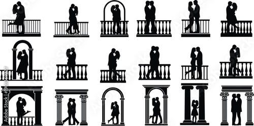 Couples Silhouette Romance Love Balcony Kissing Hugging Dating Relationship Wedding Proposal Embrace Intimacy Vector Set Collection Architecture Columns Arch Evening Scene