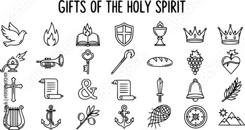 Black and White Line Art Icons for Gifts of the Holy Spirit: Dove, Flame, Bible, Sword, Crown