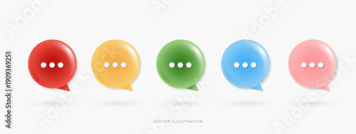 Set of colorful 3D speech bubble icons with ellipsis dots. Minimal chat message notification symbols for social media, online communication, and UI design. vector illustration on white background.