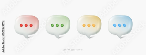 Set of colorful 3D speech bubble icons with ellipsis dots. Minimal chat message notification symbols for social media, online communication, and UI design. vector illustration on white background.