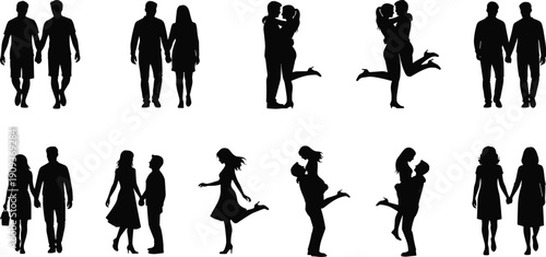 Couples Silhouettes Romance Love Relationship Dating Hug Kiss Walking Holdinghands Valentine Romantic People Shadow Pose Vector Collection
