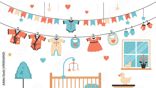 Baby nursery room is decorated with cute infant clothes hanging on a line above a wooden crib with a mobile and toys nearby.
