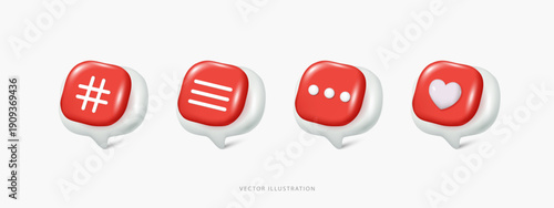 Set of colorful 3D speech bubble icons with yellow star. Glossy talk balloons for customer review, top rating, favorite message and social media feedback. Vector illustration on white background.