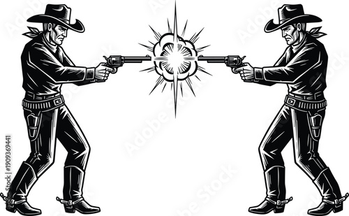 cowboy, duel, gunfight, western, outlaws, revolver, shootout, vintage, engraving, silhouette, retro, frontier, gunslinger, sheriff, bandit, action, danger, standoff, illustration, vector