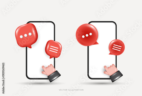 3D smartphone with hand clicking screen and red speech bubble icons. Mobile app interface for social media, online chat messenger and digital marketing. Vector illustration on white background.