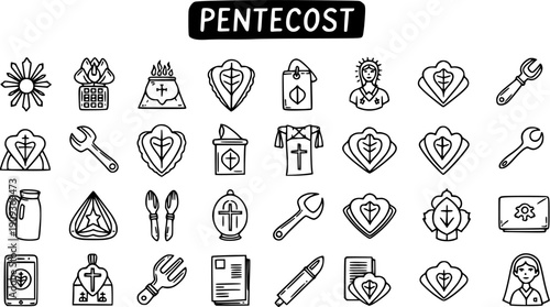 Pentecost Christian Religious Holiday Doodle Line Art Icons Set: Hand-drawn Spiritual Symbols Collection for Faith Design