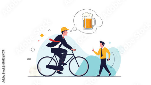 Businessman wearing a helmet rides his bicycle to work while daydreaming about a cold mug of beer after his long shift ends.