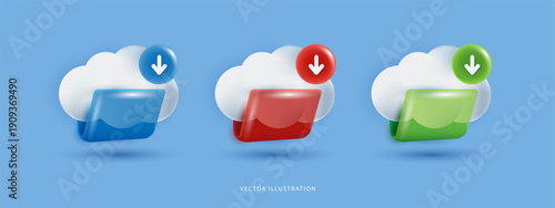3D cloud with colorful folders and download arrow icons. Glossy symbols for cloud storage, data file transfer, document backup and computing services. Vector illustration on blue background.