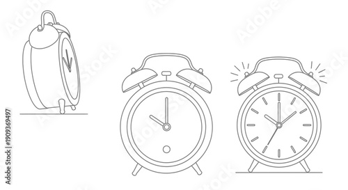 Vintage Alarm Clock Collection: Three Styles, Timekeeping Icons