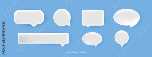 Set of blank white 3D speech bubbles and chat boxes in various shapes. Minimal glossy talk balloons for message, notification and UI design. Vector illustration isolated on blue background.