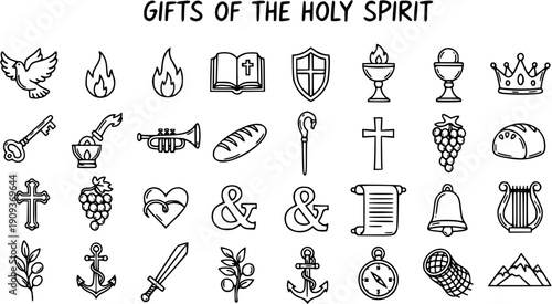 Christian Religious Gifts of the Holy Spirit Icons Set. Black and White Outline Line Art Style for Spirituality.