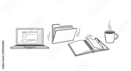 Workspace Essentials: Laptop, Files, Notebook, Pen, and Coffee - Organization and Productivity Concept