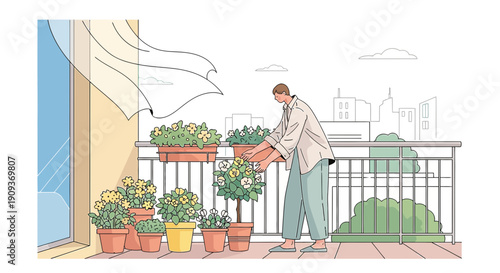 Man Tending Balcony Garden with Cityscape Background