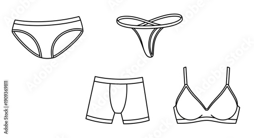 Underwear Collection: Bra, Bikini, Thong, Boxer Briefs - Line Art Icons