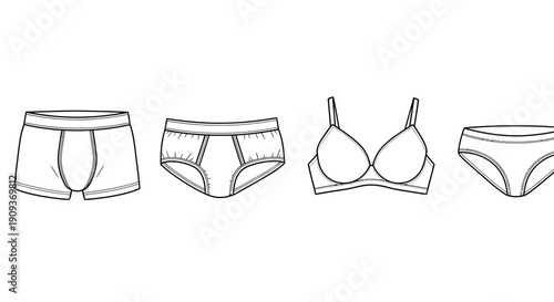 Underwear Collection: Boxer Briefs, Briefs, Bra, Panties - Line Art Illustration