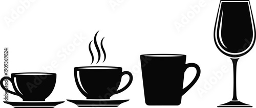 Cup Mug Glass Silhouette Drink Beverage Coffee Tea Wine Icon Set Vector Illustration Black
