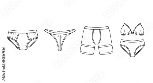 Underwear Collection: Briefs, Thong, Boxer, Bikini Set - Line Art Fashion Illustration