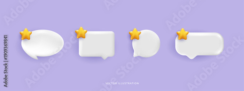 Set of blank white 3D speech bubbles with gold star icons. Minimal glossy chat boxes for customer review, rating, favorite feedback and notification. Vector illustration isolated on purple background.