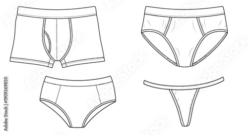 Underwear Fashion Design Flat Sketch Collection: Boxer Briefs, Briefs, Thong, Bikini