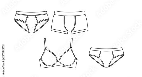 Underwear Fashion Design Flat Sketch: Bra, Briefs, and Boxer Briefs
