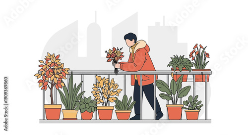 Man tending balcony plants with urban skyline background, autumn season illustration