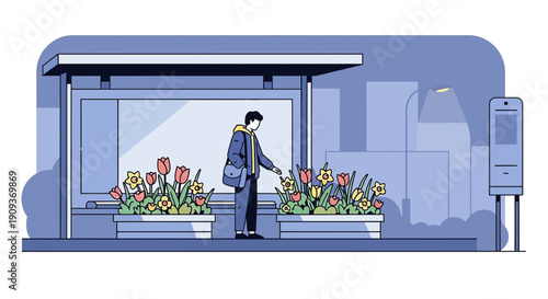 Man Tending Flowers at Bus Stop - Urban Gardening Illustration