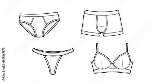 Underwear Fashion Design Sketch: Bra, Briefs, Boxer Briefs, Thong - Line Art