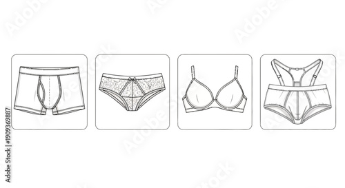 Underwear Fashion Design Sketches: Boxer Briefs, Panties, Bra, and Sports Bra