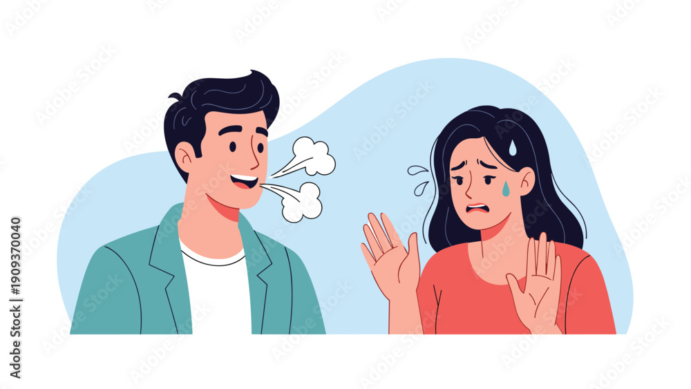 Fototapeta premium Social interaction shows a man talking and exhaling breath toward a woman who looks disgusted and tries to block the odor.