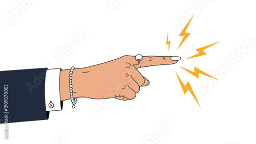 Hand in a business suit with jewelry and manicured nails points a finger that generates several bright yellow lightning sparks.