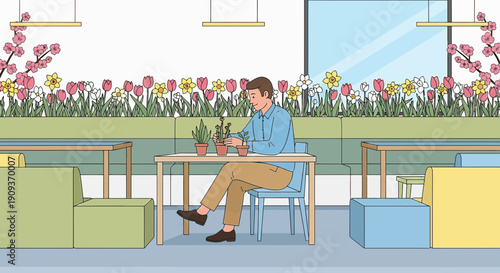 Man Tending Plants at Cafe Table with Spring Flowers Background