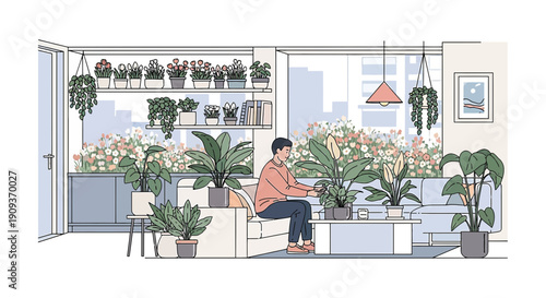Man Tending Indoor Plants in a Sunny, Modern Apartment with Balcony Garden