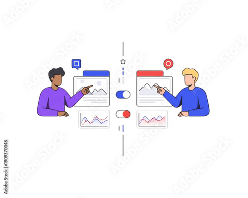 A/B testing comparison with two users analyzing variant dashboards, split test experiment for UX UI design, product analytics and conversion optimization, data-driven decision flat vector